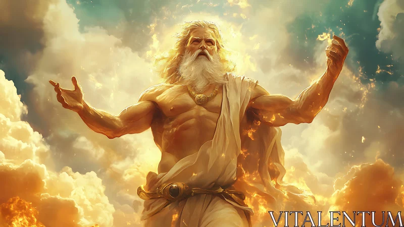 Digital painting of Zeus amid radiant stormlit clouds.