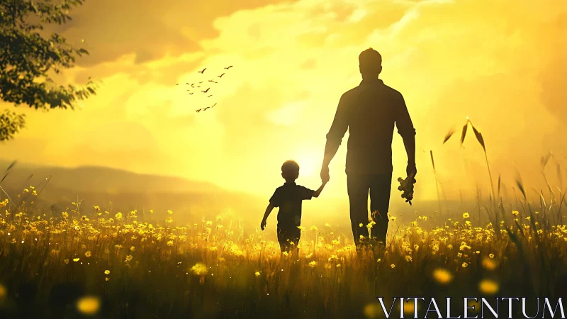 Father and child walk through golden sunset meadow together.