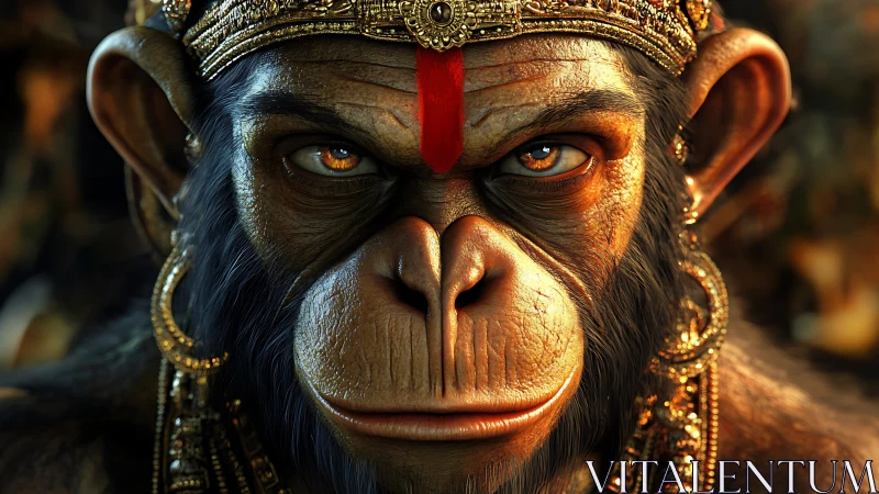 Regal monkey guardian with glowing eyes and golden crown.