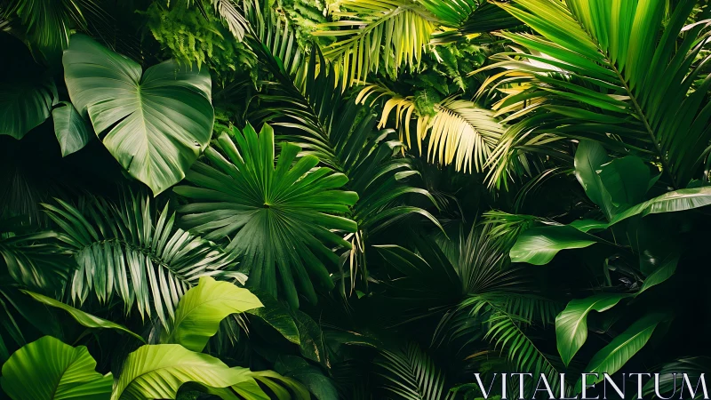 Dense tropical foliage with layered green palm leaves.