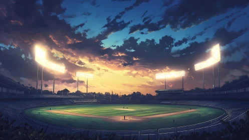 Baseball stadium under floodlights at sunset sky panorama.