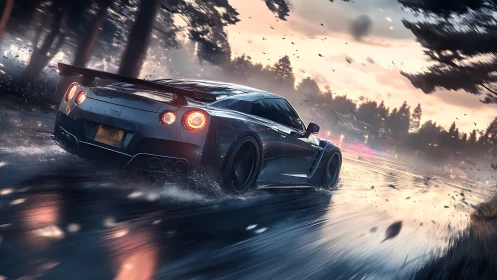 Storm-kissed supercar slicing through rain-soaked twilight.