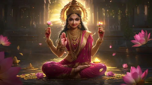 Illuminated lotus goddess rendered with high dynamic detail.