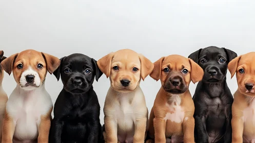Row of bright-eyed puppies sits together in gentle focus