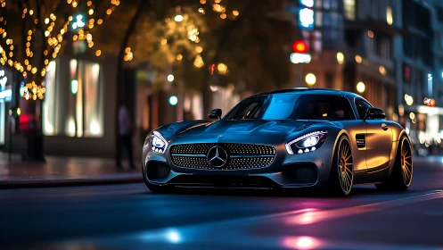 Sleek silver supercar gliding under vivid city bokeh lights.