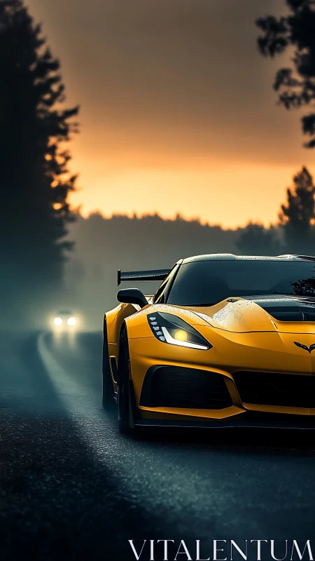 Twilight sprint of a yellow supercar on misty forest asphalt.