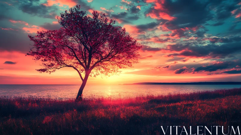Solitary tree stands against vivid sunset over calm water