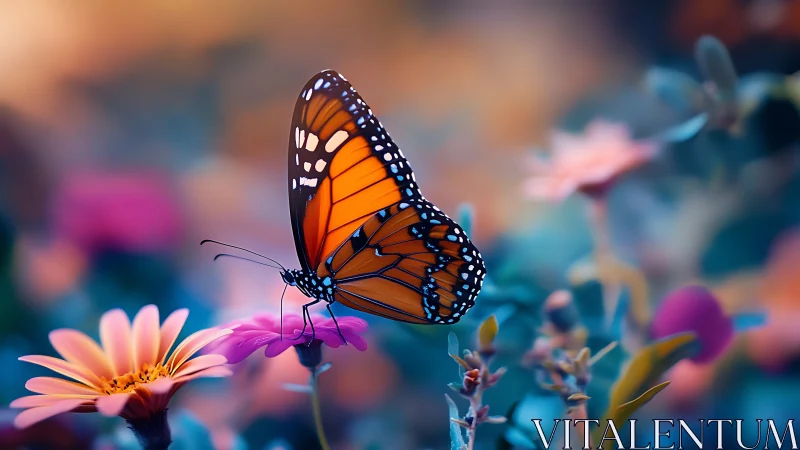 Monarch butterfly rests on vivid garden flower in bokeh glow