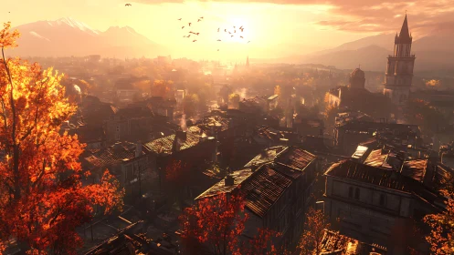 Autumn sun spills over a rustic city at tranquil sunset.