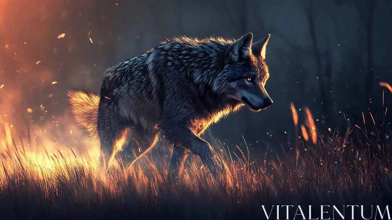 Emberlit lone wolf prowling through dusk-touched wildfire glow.
