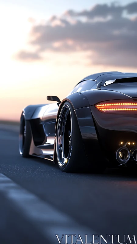 Sleek black supercar on open road at sunset period.