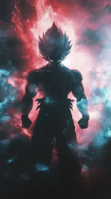 Silhouetted energy warrior amid red cyan cosmic nebula field