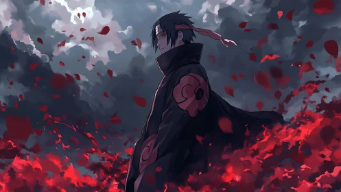 Crimson petals storm around the lone shadowed wanderer