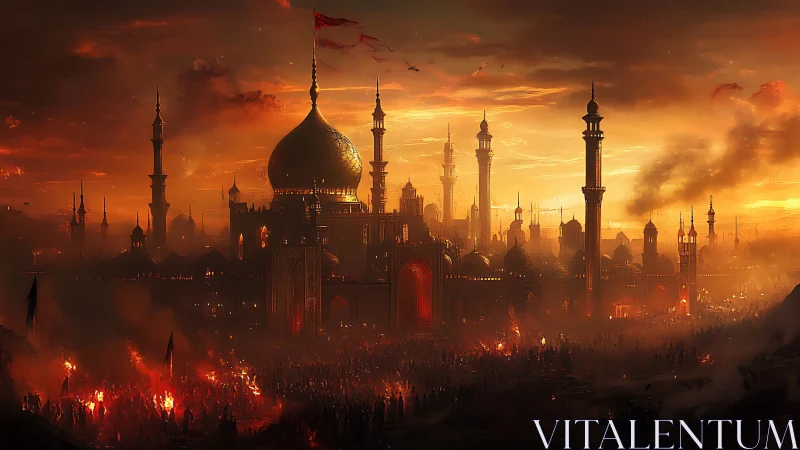Flaming dusk crowns the golden domes of a besieged city