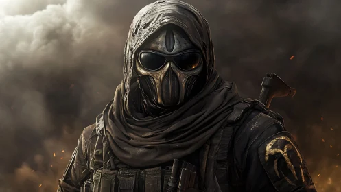 Masked tactical soldier stands in smoke-filled battlefield
