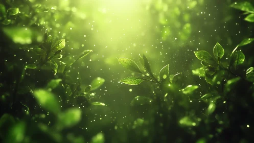 Backlit green leaves in soft glowing forest light.