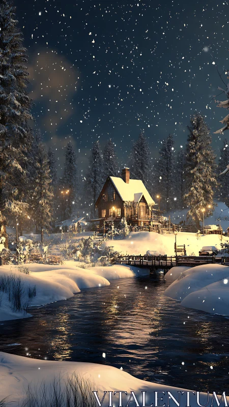 Snowy forest cabin beside river under falling night snow.