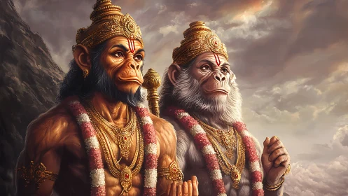 Divine monkey warriors in ornate gold crowns and garlands.