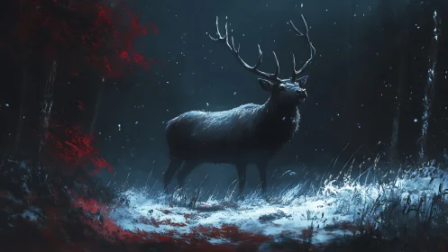 Snow-lit stag stands in high-contrast chiaroscuro forest gloom