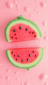 Symmetric stylized watermelon halves on hydrated pink plane.