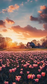 Tulip tides roll toward a lone cottage under blushing skies