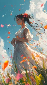 Young woman in flowing white dress embraces a windy meadow.