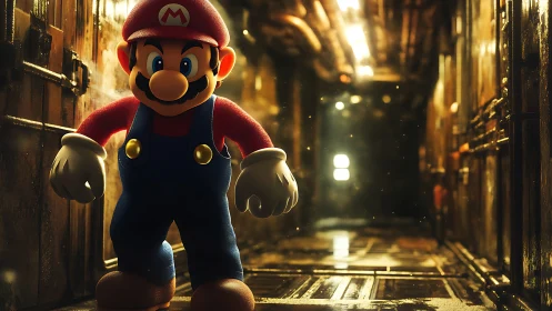 Mario-inspired hero in moody industrial corridor lighting.