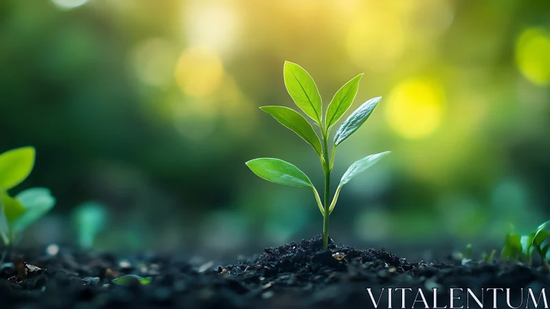 Young green seedling in rich soil with soft sunlight background.