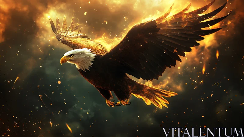 Majestic Bald Eagle Soaring Through Fiery Skies in Dramatic Art.