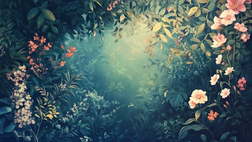 Atmospheric Garden Chamber with Ambient Foliage and Coral Blossoms