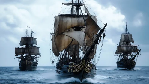 Storm-kissed tall ships racing across a restless blue sea.