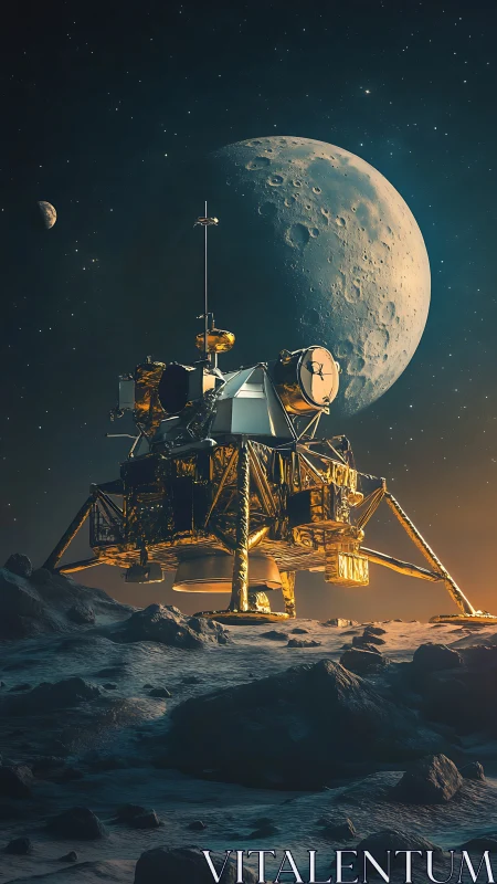 Lunar lander rendered with high-detail PBR shading under raking light