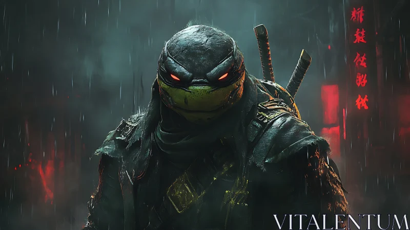 Brooding cyber ninja turtle stalks neon-soaked midnight rain.