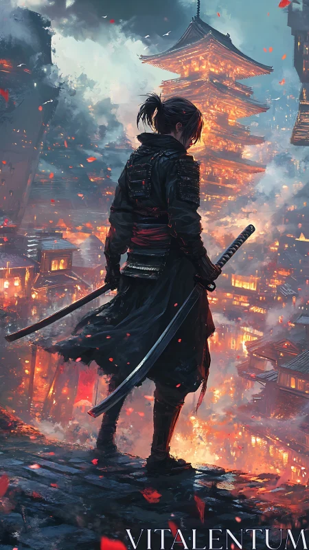 Samurai warrior overlooking burning pagoda city at night.