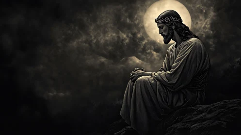 Solitary Christ prays beneath a brooding, moonlit sky