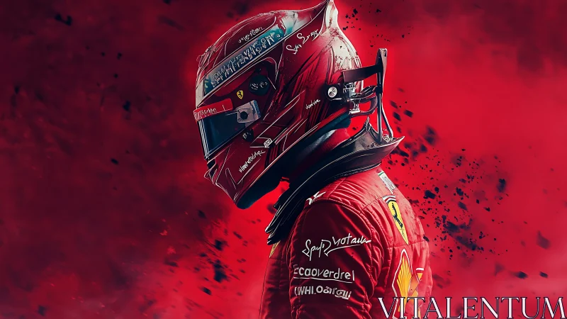 Racing driver in red suit stands amid abstract motion blur.