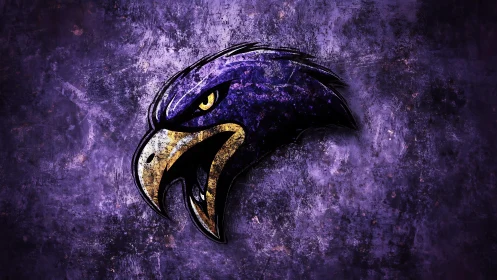 Raven mascot emblem on distressed purple grunge field.