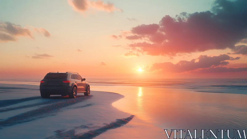 SUV stands on wet beach sand facing a vivid ocean sunset