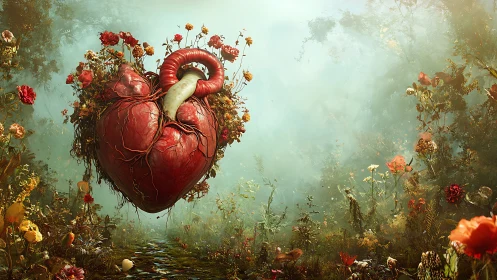 Heartroot sanctuary pulsing amid a wild, rose-lit mist.