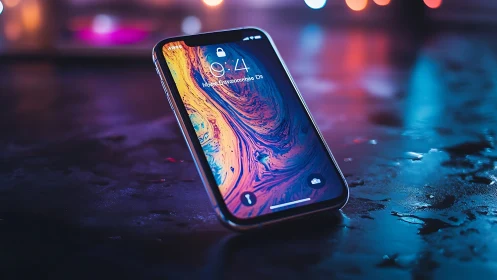 Sleek smartphone on neon-lit surface with vivid screen glow.