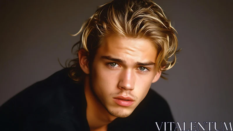 Young man with tousled blond hair looks into camera directly