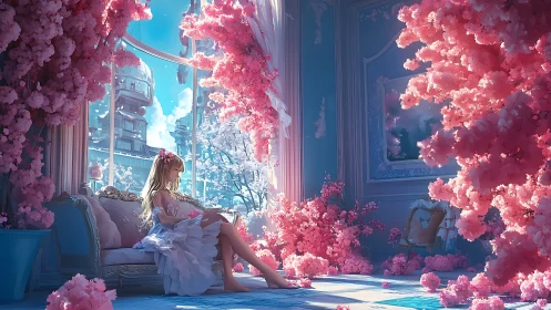 Floral-lit girl in neoclassical room with cherry blossoms.