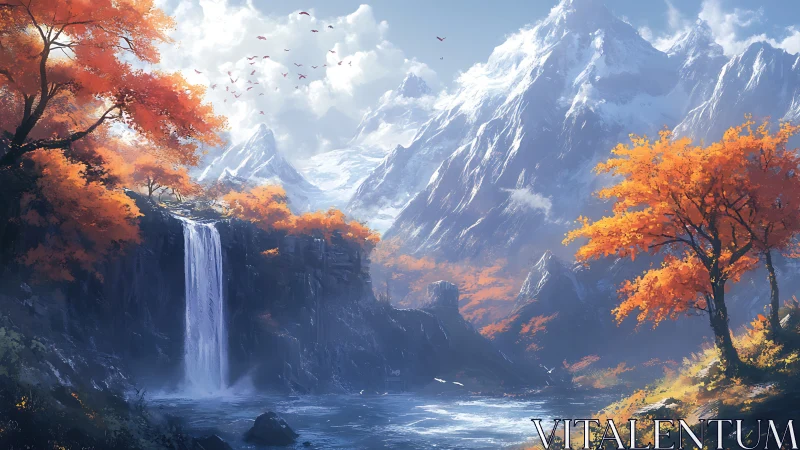Digital painting of alpine waterfall amid autumnal forest panorama.