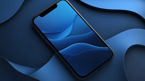 Matte black smartphone on layered blue wave abstract surface