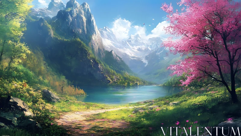 Serene mountain lake framed by pink blossom tree.