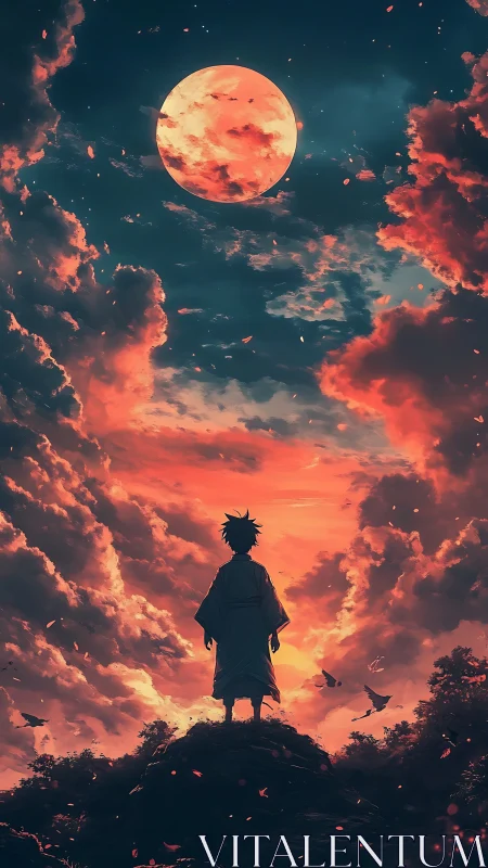 Solitary figure under blood moon in dramatic anime sky