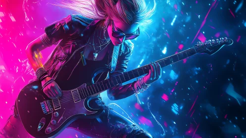 Electric guitarist in neon cyberpunk concert scene.