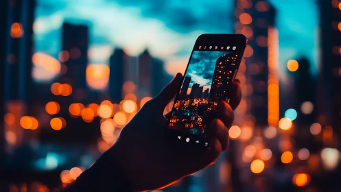 Smartphone captures neon-lit city skyline in shallow focus view