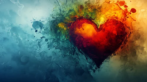 Burning Heart Meets Ice. Abstract Water Color Collision.