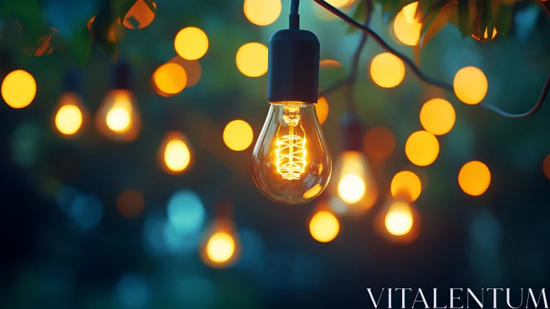 Single illuminated bulb hangs among defocused string lights